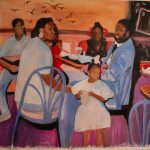 People interacting in a vibrant, colorful art gallery setting.