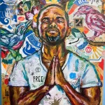 Expressive artwork of a man with hands in prayer, surrounded by colorful abstract and symbolic eleme.