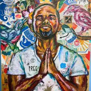 Expressive artwork of a man with hands in prayer, surrounded by colorful abstract and symbolic eleme.