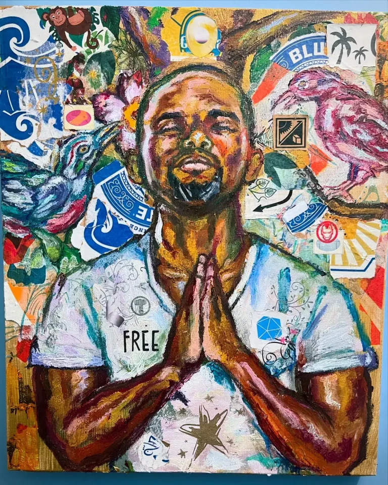 Expressive artwork of a man with hands in prayer, surrounded by colorful abstract and symbolic eleme.