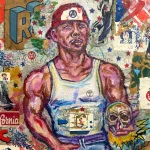 Voter holding skull with colorful, patriotic-themed mural background.