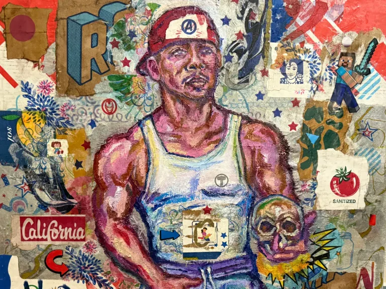 Voter holding skull with colorful, patriotic-themed mural background.