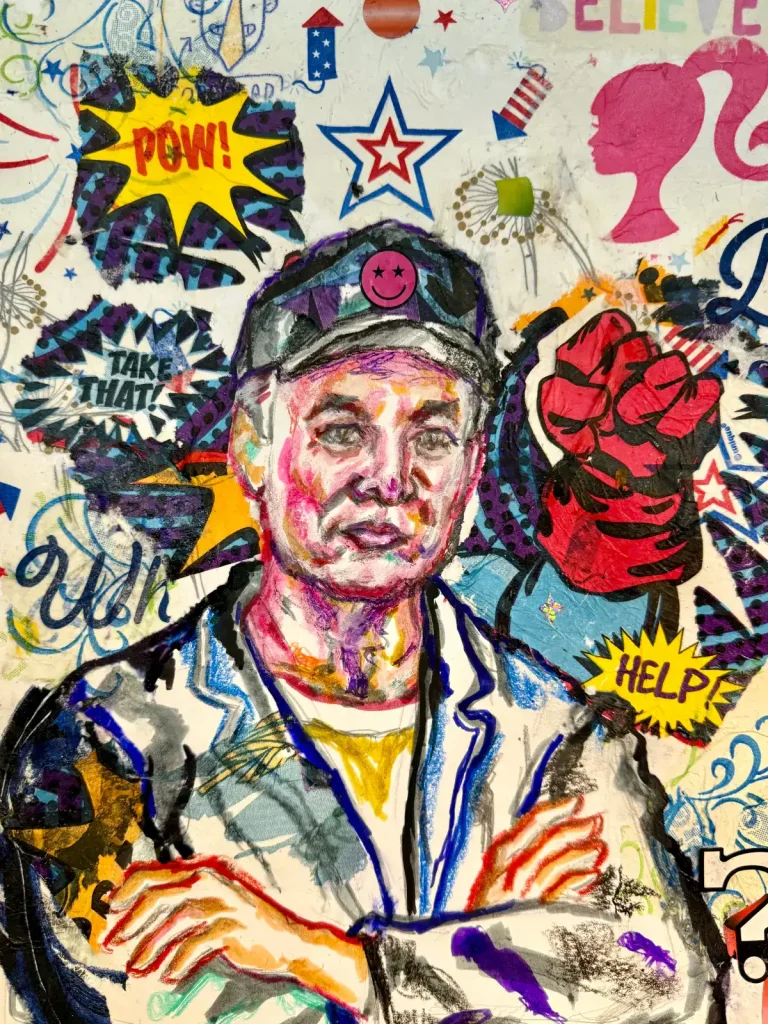 Artistic portrait of Elon Musk as Doge Technocrat with vibrant graffiti background.