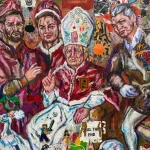 Colorful mural depicting political figures and symbolic imagery in a vibrant art style.