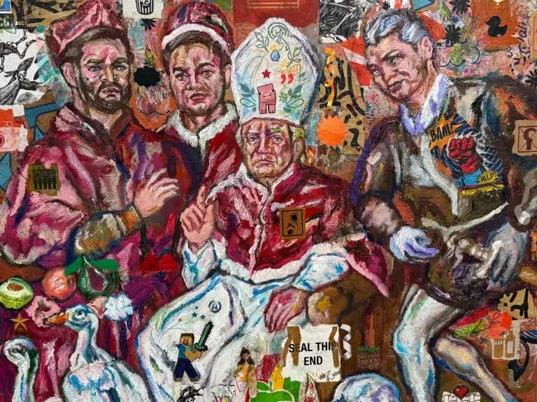 Colorful mural depicting political figures and symbolic imagery in a vibrant art style.