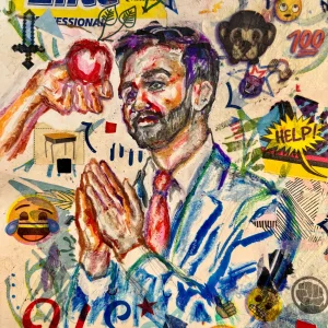 Colorful illustration of Zohran Mamdani with hands in prayer, surrounded by expressive emojis and sy.