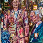 Media artwork featuring diverse figures in a lively art gallery setting.