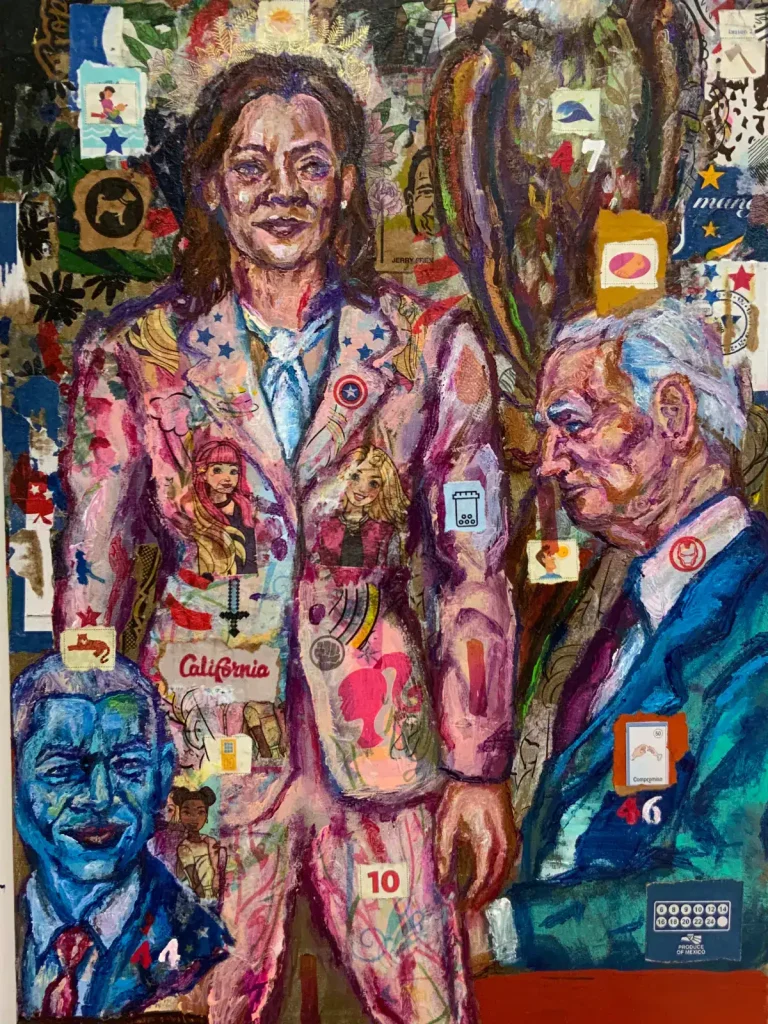 Media artwork featuring diverse figures in a lively art gallery setting.