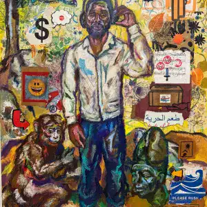 A vibrant mural depicting a man surrounded by monkeys, symbols, and abstract elements representing d.