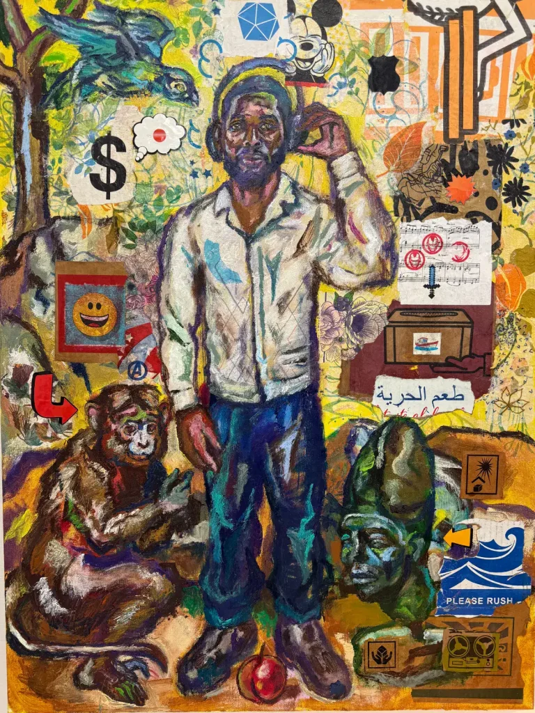 A vibrant mural depicting a man surrounded by monkeys, symbols, and abstract elements representing d.