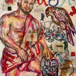 Artistic depiction of Jesus Christ with crown of thorns, vibrant colors, and symbolic background ele.