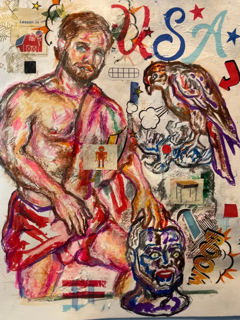 Artistic depiction of Jesus Christ with crown of thorns, vibrant colors, and symbolic background ele.