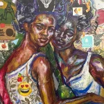 Diverse women with vibrant hairstyles and expressive faces in a colorful mural.