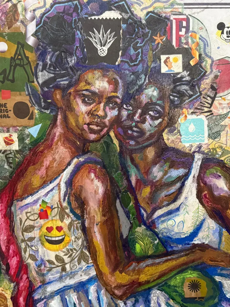 Diverse women with vibrant hairstyles and expressive faces in a colorful mural.