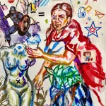 A woman holding a small sculpture amid vibrant, symbolic artwork and patriotic elements.