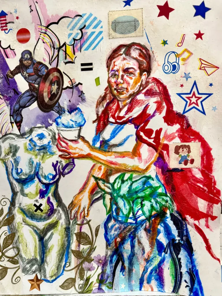 A woman holding a small sculpture amid vibrant, symbolic artwork and patriotic elements.