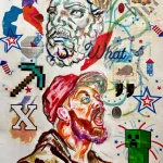 MAGA supporter shouting passionately, surrounded by colorful symbols and pop culture references.