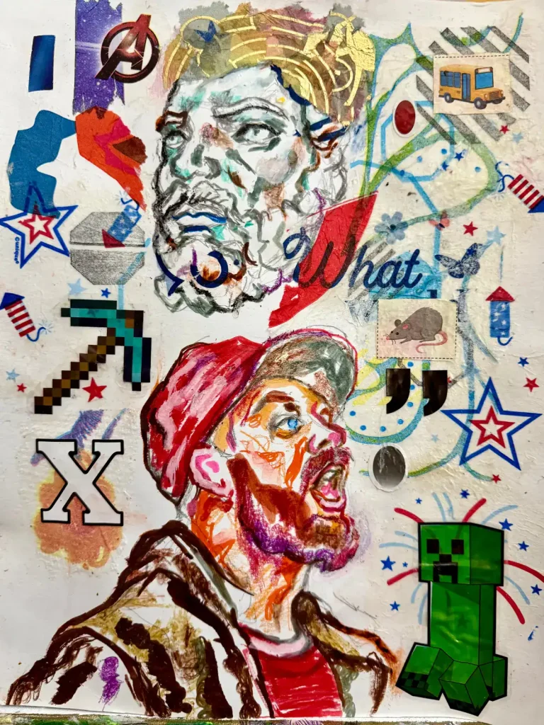 MAGA supporter shouting passionately, surrounded by colorful symbols and pop culture references.