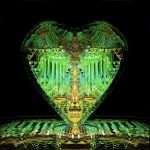 Shaped digital art with vibrant green and gold reflections.
