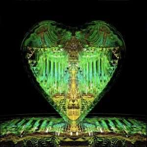 Shaped digital art with vibrant green and gold reflections.