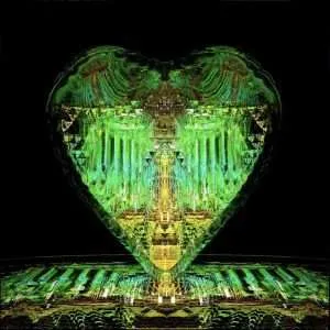 Shaped digital art with vibrant green and gold reflections.