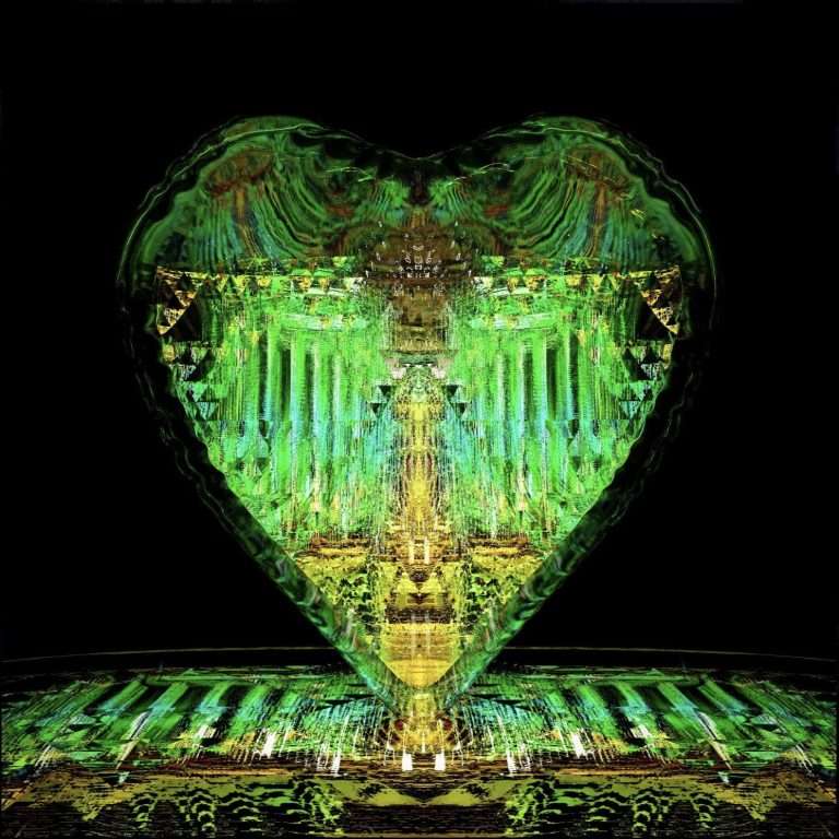 Shaped digital art with vibrant green and gold reflections.