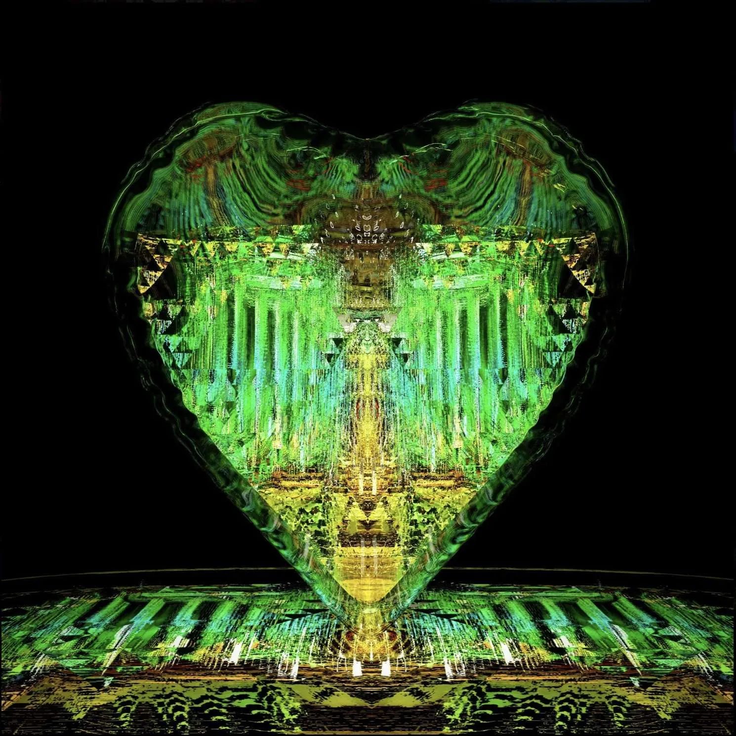 Shaped digital art with vibrant green and gold reflections.