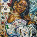 Colorful mixed media portrait of a woman with collage elements and expressive brushstrokes.