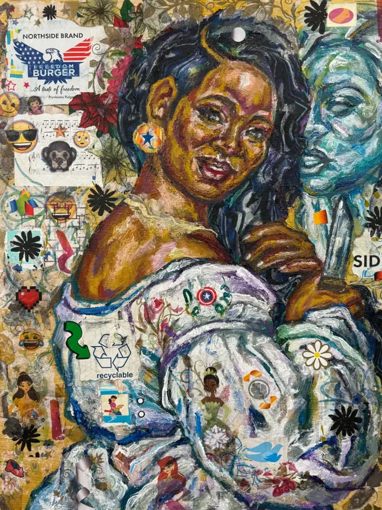 Colorful mixed media portrait of a woman with collage elements and expressive brushstrokes.