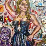Melania Trump depicted in a colorful, expressive painting, surrounded by patriotic and artistic symb.