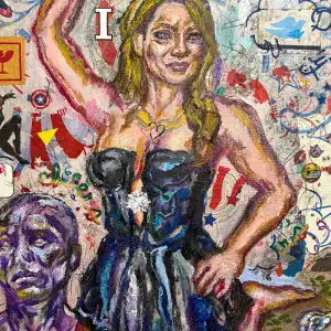 Melania Trump depicted in a colorful, expressive painting, surrounded by patriotic and artistic symb.