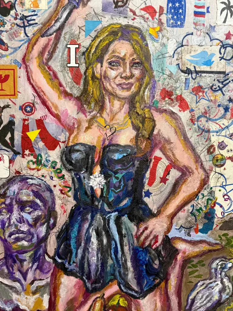 Melania Trump depicted in a colorful, expressive painting, surrounded by patriotic and artistic symb.