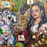 Mural of a woman with colorful, vibrant background filled with various symbols and artwork.