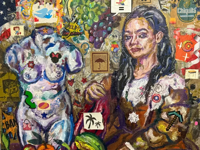 Mural of a woman with colorful, vibrant background filled with various symbols and artwork.