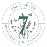 Circular logo for The 7 Space with a large green 7 over botanical plants and butterflies; outer ring reads 'The 7 Space' and 'Art Gallery & Wellness Center'.