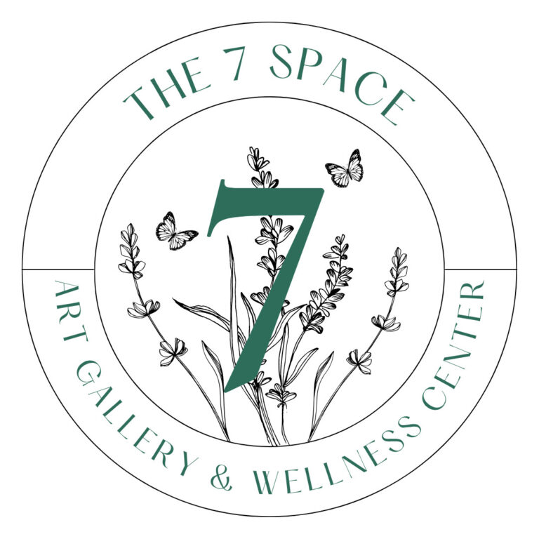 Circular logo for The 7 Space with a large green 7 over botanical plants and butterflies; outer ring reads 'The 7 Space' and 'Art Gallery & Wellness Center'.