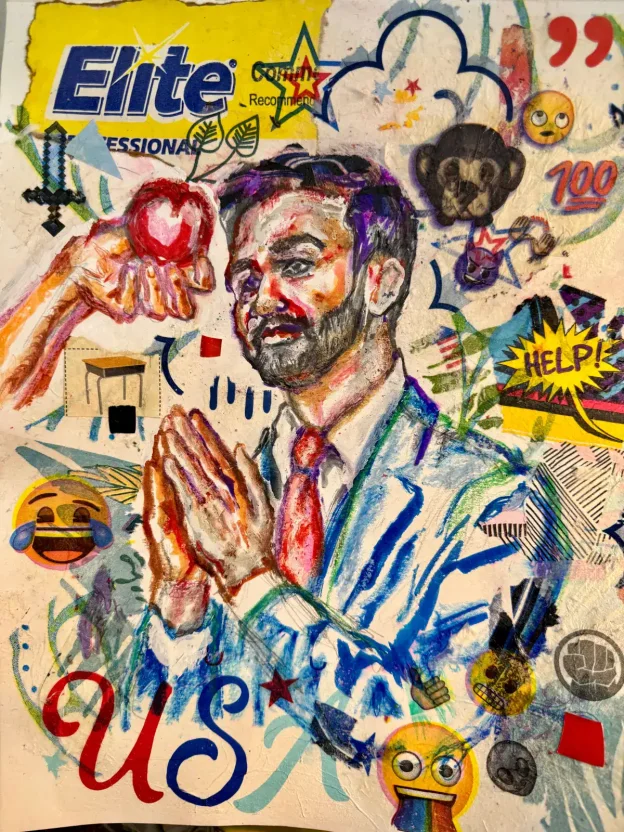 Colorful illustration of Zohran Mamdani with hands in prayer, surrounded by expressive emojis and sy.